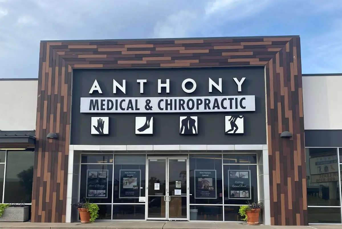 The outside of the building. It has a Anthony Medical & Chiropractic Center sign.